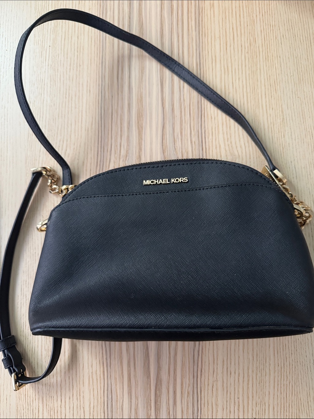 Michael Kors Black Leather Dome Crossbody with Gold Hardware
